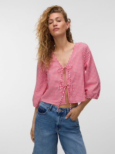 VM 3/4 Sleeve Tie Front Top In Red Gingham