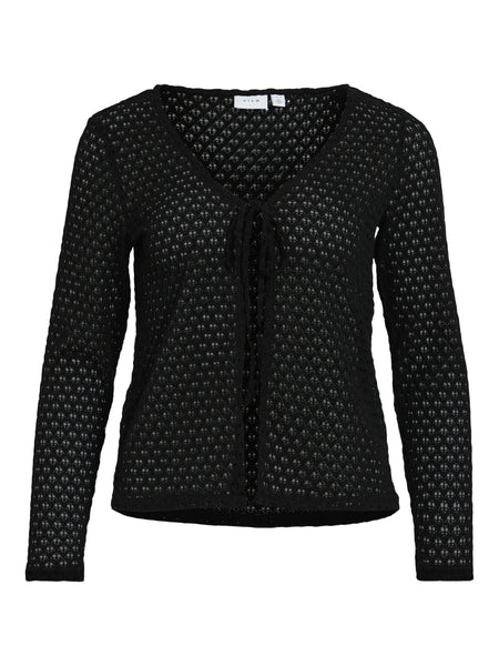 Vila Tie Front Crochet Cardigan In Black