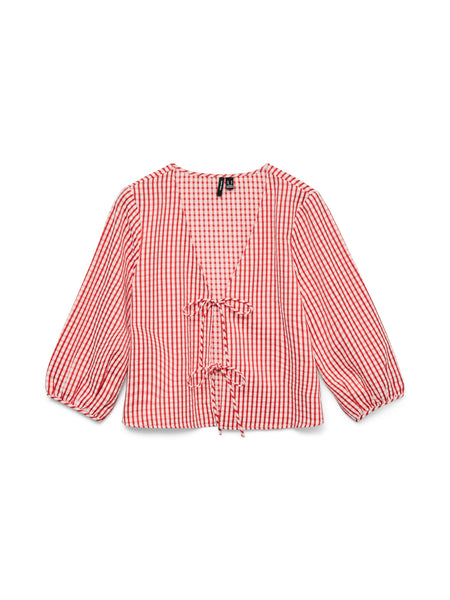 VM 3/4 Sleeve Tie Front Top In Red Gingham