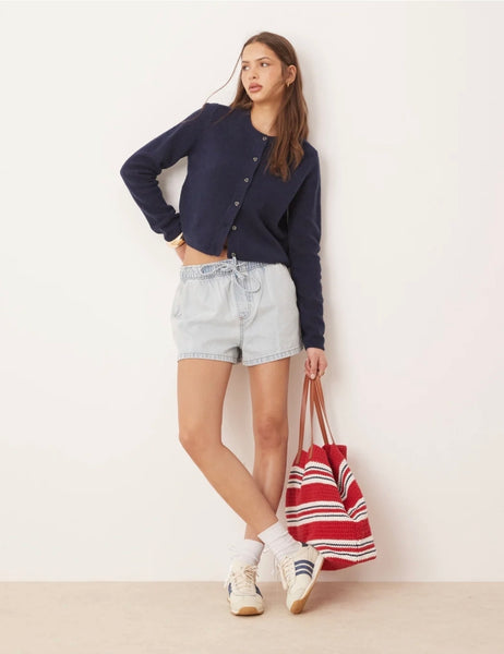 JDY Chloe Crew Neck Cardigan In Navy
