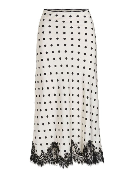 Vila Polka Dot Satin Lace Trim Maxi Skirt