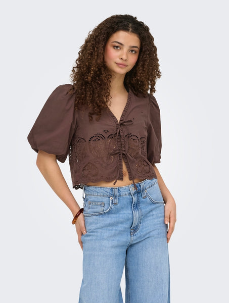 Only Embroidered Tie Front Short Sleeve Top In Brown