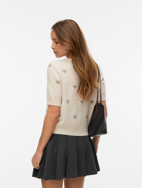 VM Short Sleeve Heart Knit Cardigan In Cream