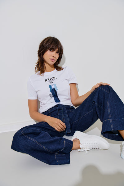 Only Tie Waist Seam Front Wide Leg Jeans In Dark Blue
