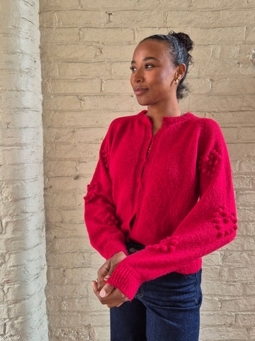 Vila Bubble Heart Knit Cardigan in Red