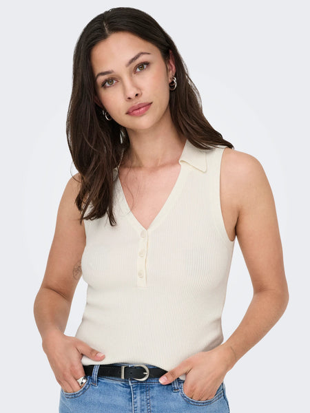 JDY Rib Knit Sleeveless Polo In White