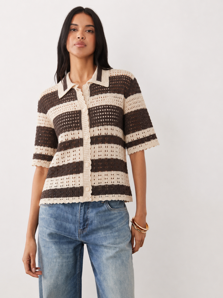 JDY Short Sleeve Stripe Polo Knit Button Front Top In Brown