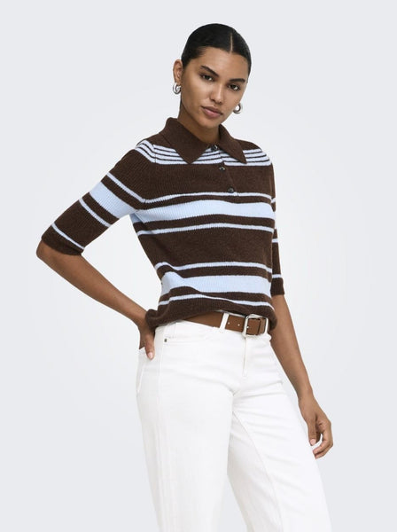 Only Collared Polo Knit Short Sleeve Knit Top In Blue & Brown Stripe