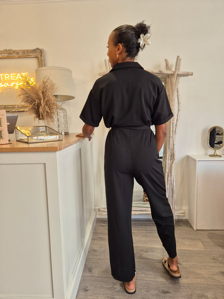 Only Short Sleeve Zip Front Jumpsuit In Black