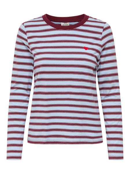 JDY Long Sleeve Heart Tshirt In Blue Stripe