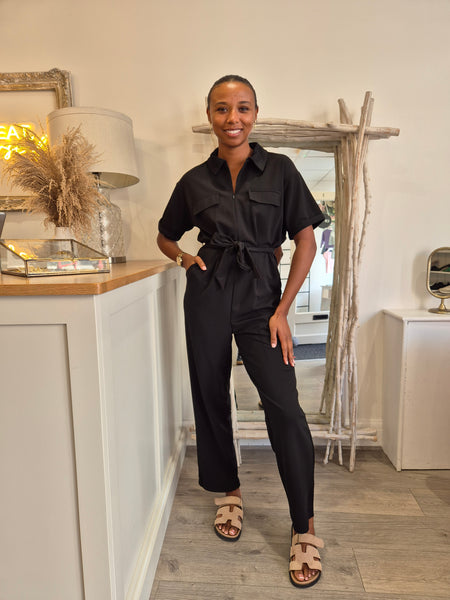 Only Short Sleeve Zip Front Jumpsuit In Black