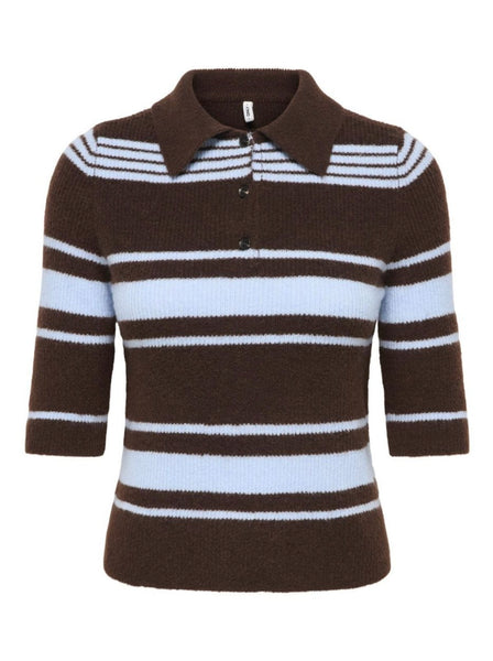 Only Collared Polo Knit Short Sleeve Knit Top In Blue & Brown Stripe