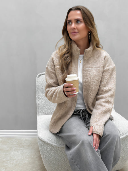 Pieces Zip Front Teddy Fleece Jacket In Beige