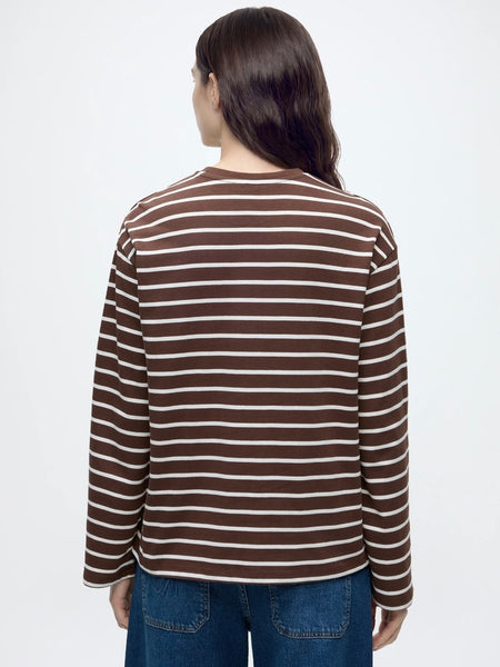 Pieces Long Sleeve Oversized Embroidered Rugby Tshirt In Brown Stripe