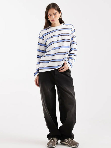 Pieces Long Sleeve Oversized Rugby Tshirt In Chocolate Blue Stripe