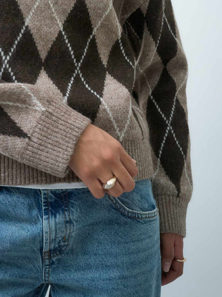 JDY Crew Neck Knit Jumper In Chocolate Argyle