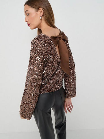 Only Sequin Long Sleeve Top with Tie Detail