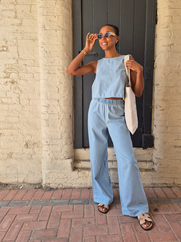 Pieces Light Blue Denim Open Back Top & Wide Leg Jeans Co-ord Set - Items Sold Separately