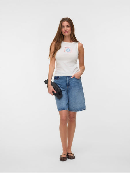 VM Embroidered Blue & Red Seashell Vest Top In White