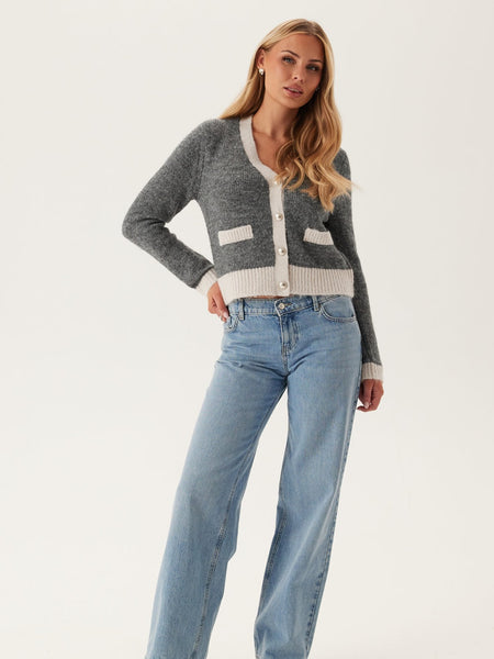 Only Grey Contrast Trim Vneck Knit Cardigan