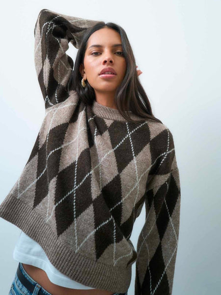 JDY Crew Neck Knit Jumper In Chocolate Argyle