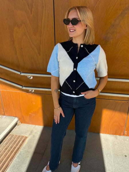 Pieces Argyle Short Sleeve Knit Cardigan In Blue
