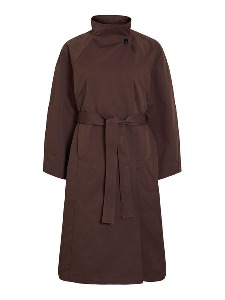 Vila Belted Funnel Neck Trench Coat In Dark Brown