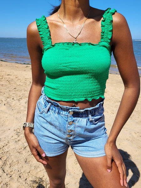 VM Elasticated Shirred Crop Top In Green