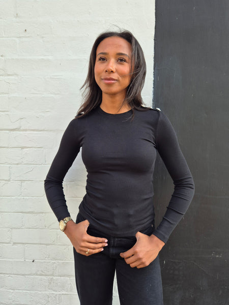 Only Rhinestone Long Sleeve Ribbed Top In Black