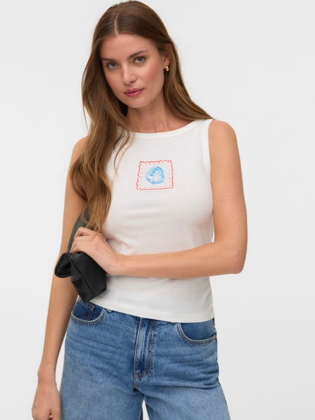 VM Embroidered Blue & Red Seashell Vest Top In White