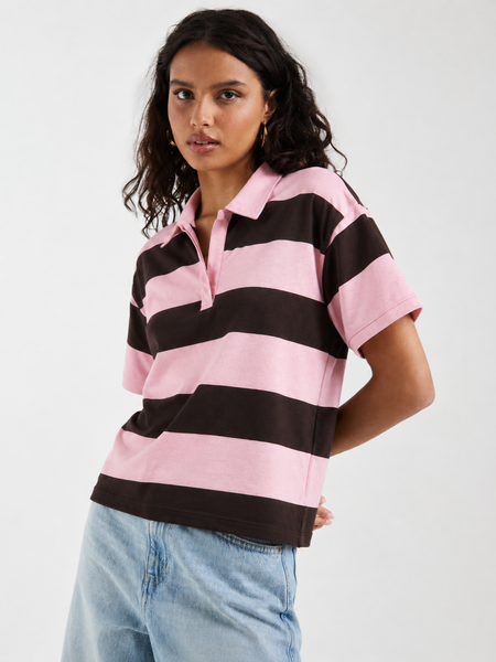 VM 2/4 Sleeve Stripe Poloneck Top In Pink & Black
