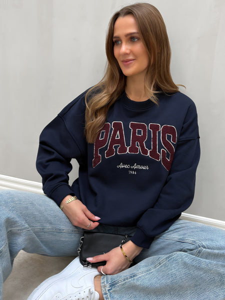 JDY Embroidered Paris Sweatshirt In Navy