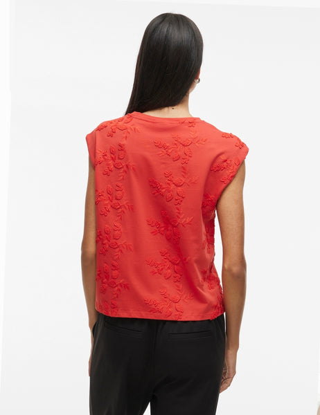 Vila Sleeveless Embroidered Top In Aurora Red