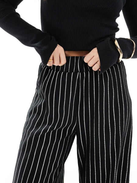 Only Wide Leg Textured Trousers In Black Pinstripe