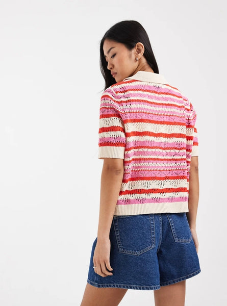 Only Short Sleeve Crochet Polo Knit Top In Pink