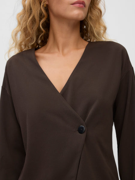 VM Asymmetric Wrap Front Long Sleeve Top In Chocolate Brown