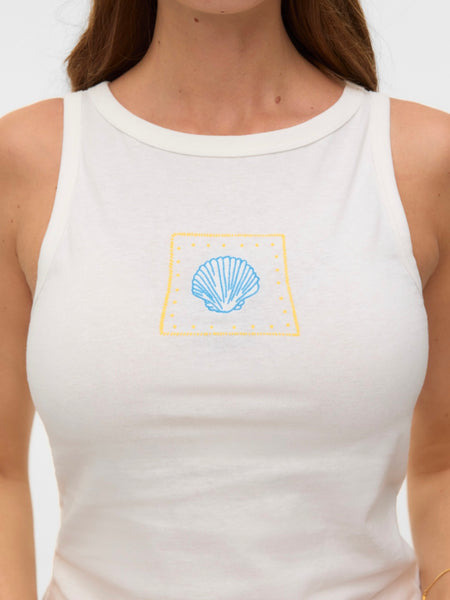VM Embroidered Blue & Yellow Seashell Vest Top In White