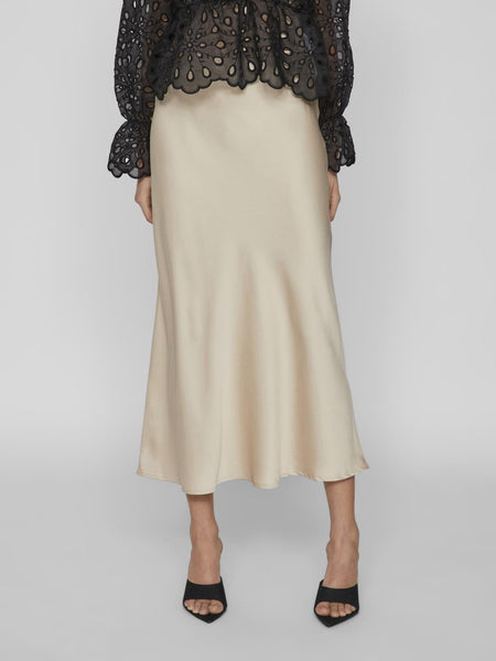 Vila High Waist Bias Cut Satin Midi Skirt