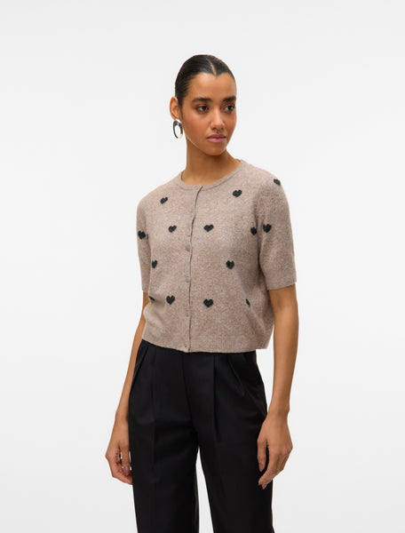 VM Short Sleeve Heart Knit Cardigan In Oatmeal
