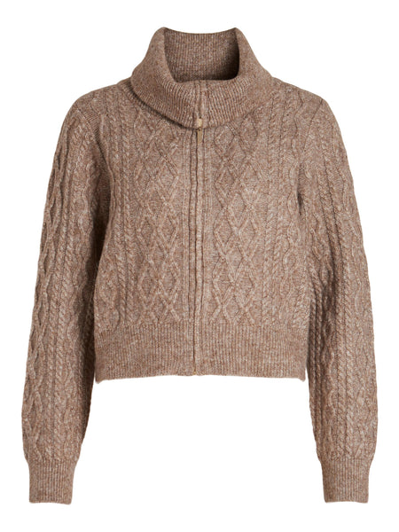 Vila Cable Knit Zip Front High Neck Cardigan
