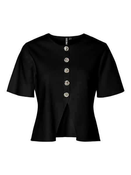 Pieces Button Front Short Sleeve Knit Top In Black