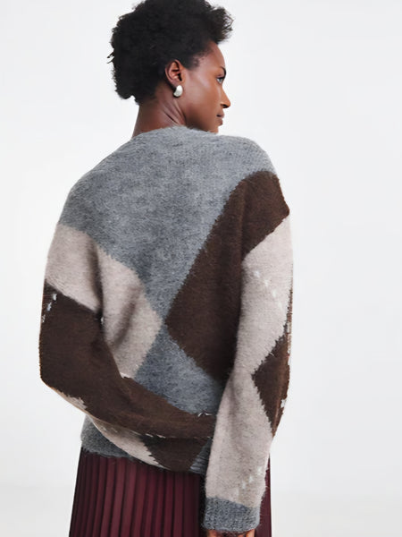 JDY V-neck Argyle Knit Jumper In Grey
