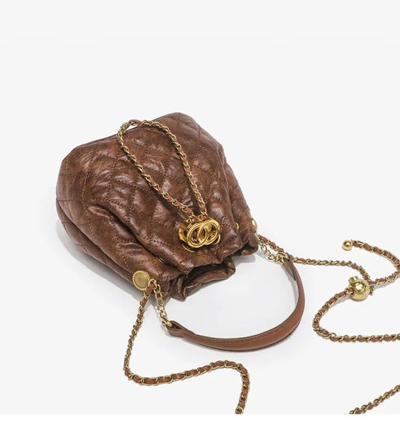 Bronze Quilted Gold Chain Bucket Bag