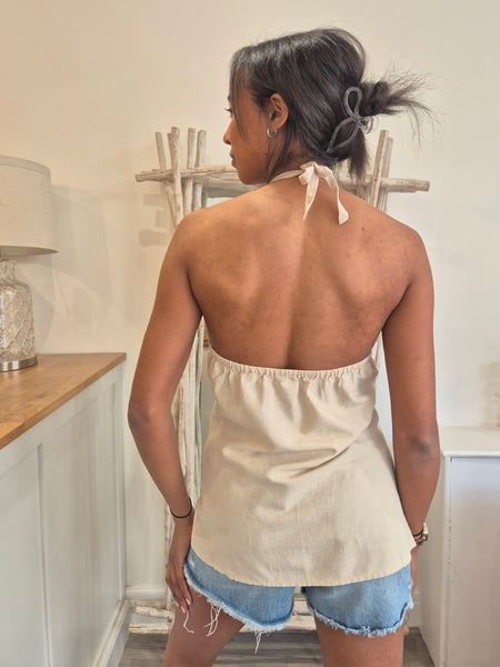 VM Linen Halterneck Split Front Top In Oatmeal
