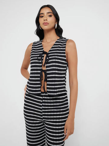 Only Tie Front Waistcoat & Wide Leg Knit Trouser Co-ord Set In White Stripe - Items Sold Separately