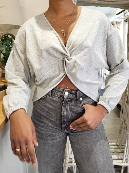 Only Two-Way Twist Neck Long Sleeve Top In Grey