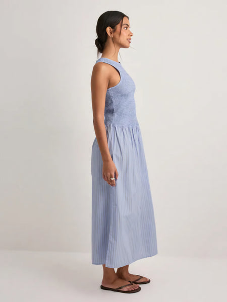 VM Shirred Bodice Midi Dress In Blue Pinstripe