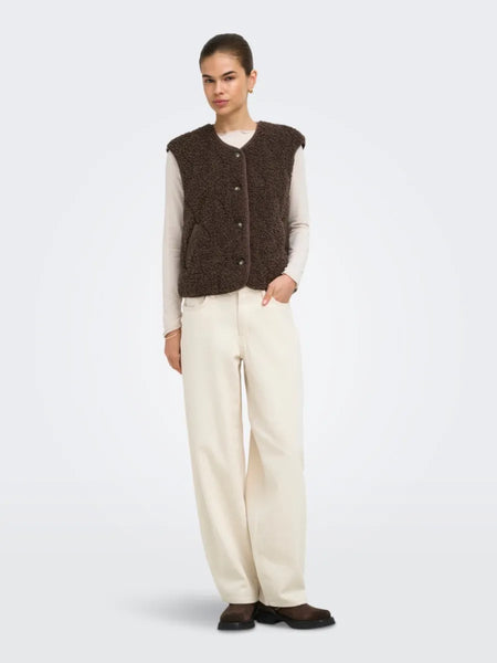 Only Button Front Teddy Gilet Waistcoat In Chocolate Brown