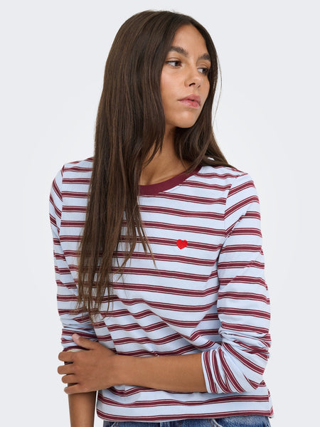 JDY Long Sleeve Heart Tshirt In Blue Stripe