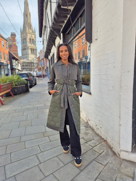 Vila Quilted Trench Coat In Khaki Green